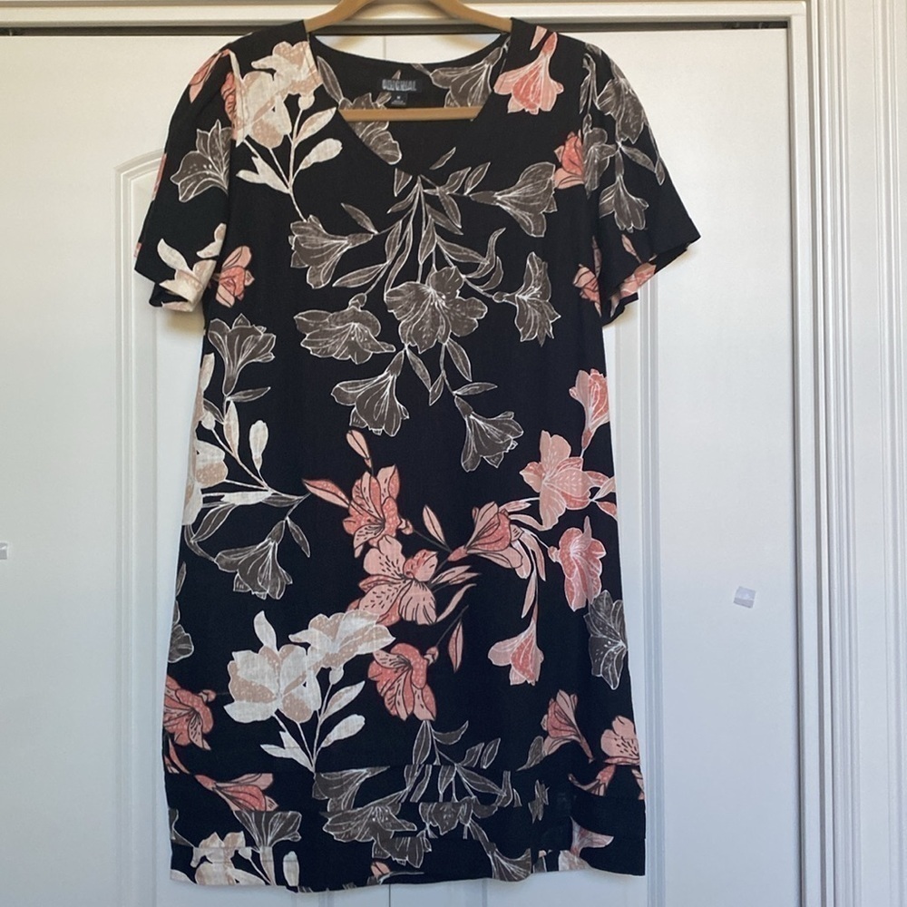 Nicole Miller Linen Blend Shirt Dress Mini Womens M Garden Floral Beach coastal